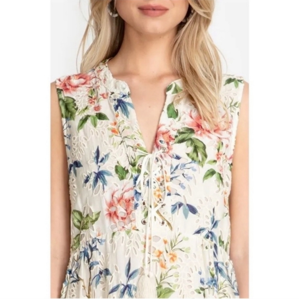 Johnny Was Jade Caprice Women Floral Lace Up Eyelet Silk Blend Mini Dress Size L - Picture 4 of 10